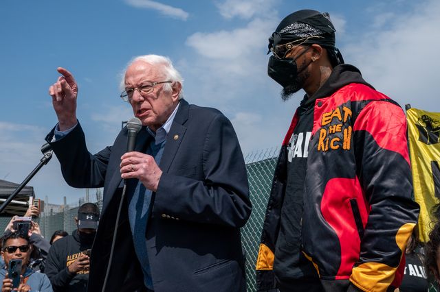 Sen. Bernie Sanders speaks at an Amazon Labor Union rally alongside Christian Smalls, the Amazon Labor Union president.